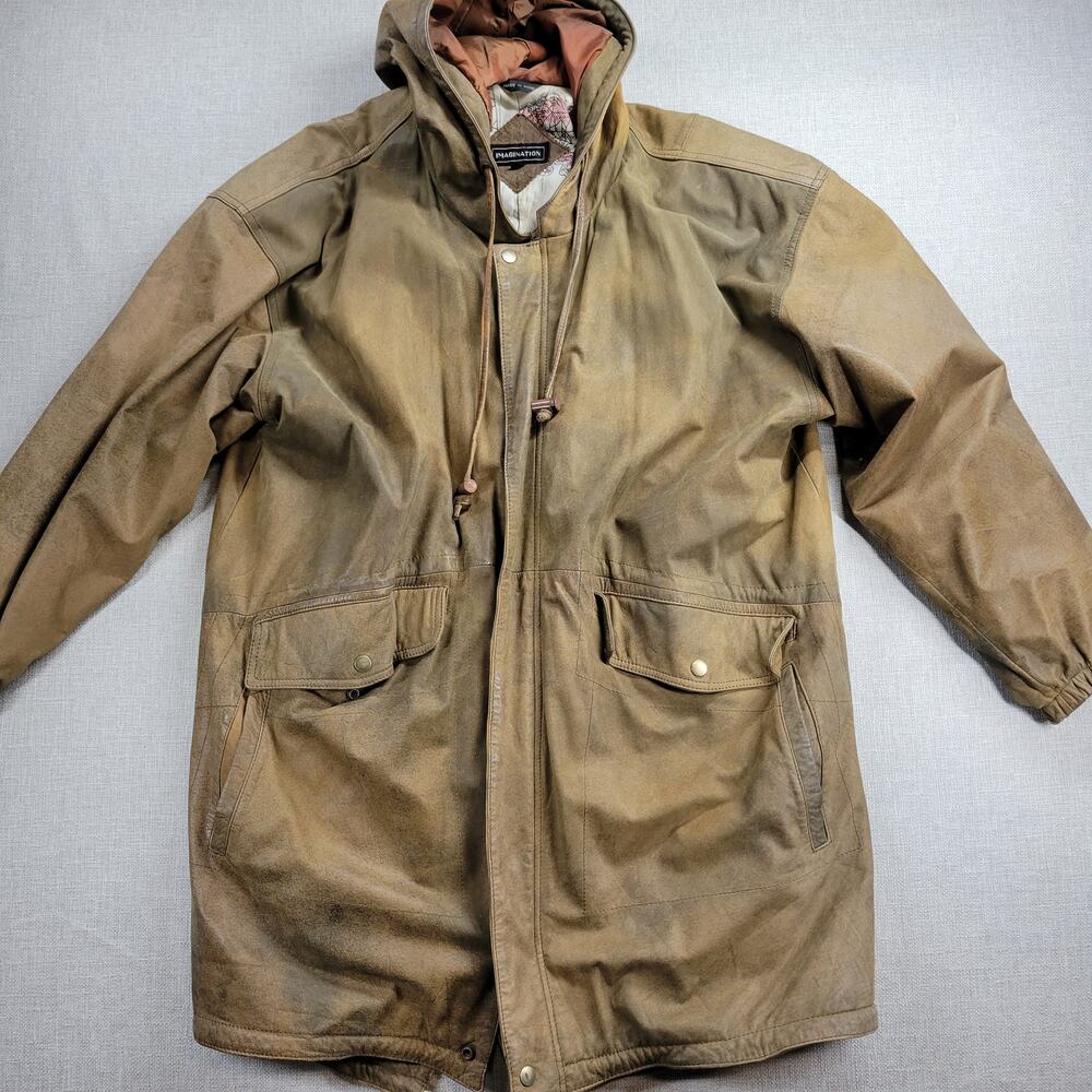 Vintage Imagination Women's Jacket M Brown Leather Hooded Oversized Fishtail